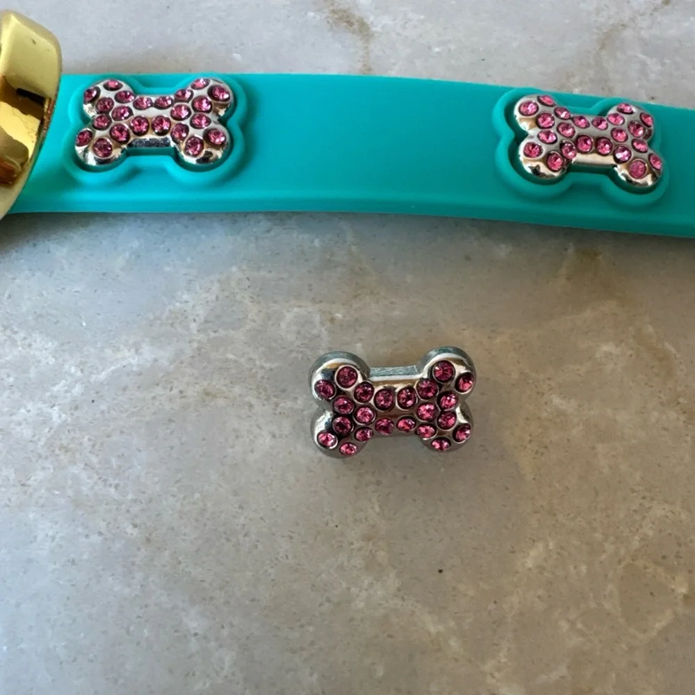 NEW Bonefly Puppy Dog Gift Collar Aqua Gold +4 X Swarovski Pink Charms Sz XS - Picture 6 of 13